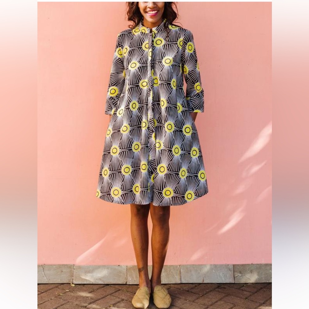 Zuri 3/4 Sleeve Kenya Kitenge Button-Front Midi Dress in Yellow Sunburst Print